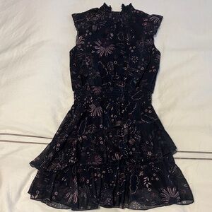 Aqua Floral Ruffle Tiered Sleeveless Dress - Navy with Pink Accents